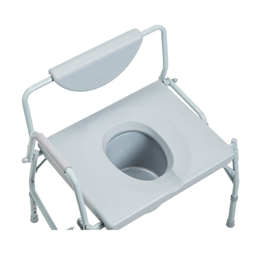 Bariatric drop-arm commode with gray metal frame, padded backrest, drop arms, open seat, and bucket, viewed from above at an