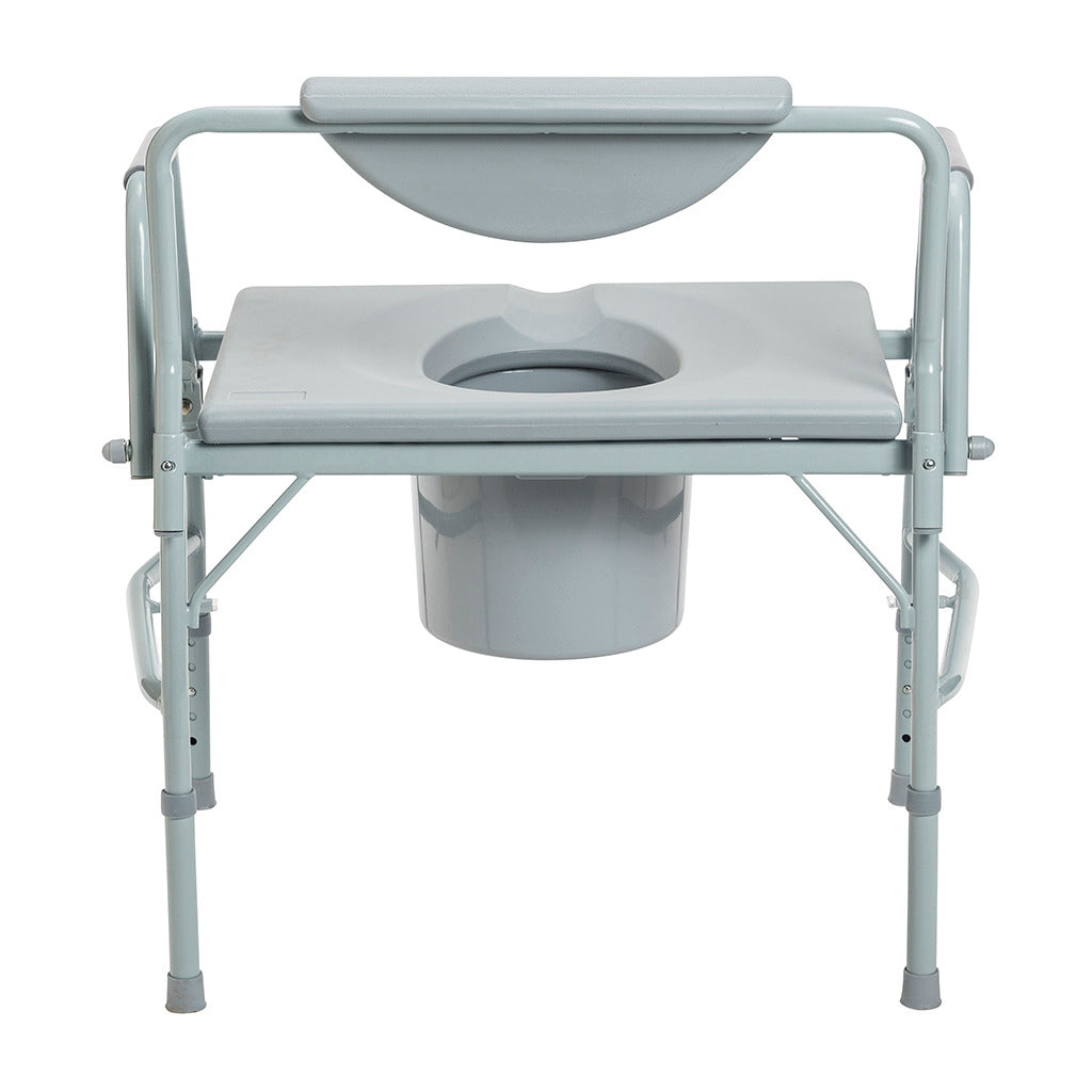 Bariatric drop-arm commode with gray steel frame, padded armrests, wide seat with opening, removable bucket, and adjustable