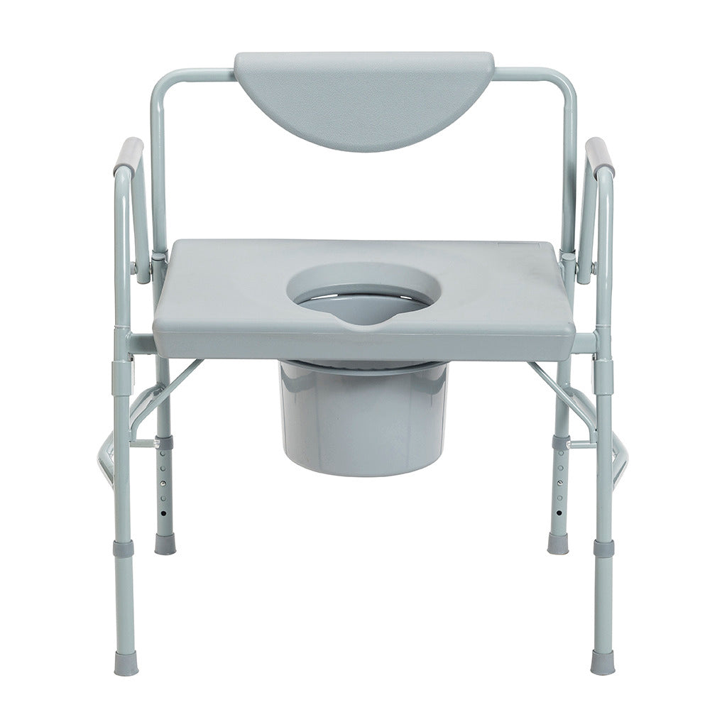 Bariatric drop-arm commode with gray steel frame, padded back, flat seat with opening, removable bucket, and adjustable legs