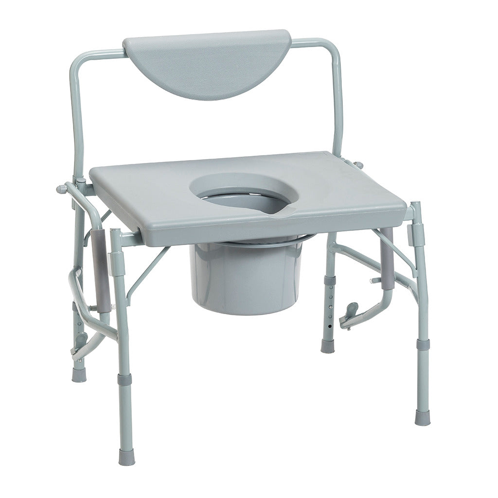 Bariatric drop-arm commode with wide gray seat, padded backrest, drop-down armrests, bucket, and height-adjustable steel