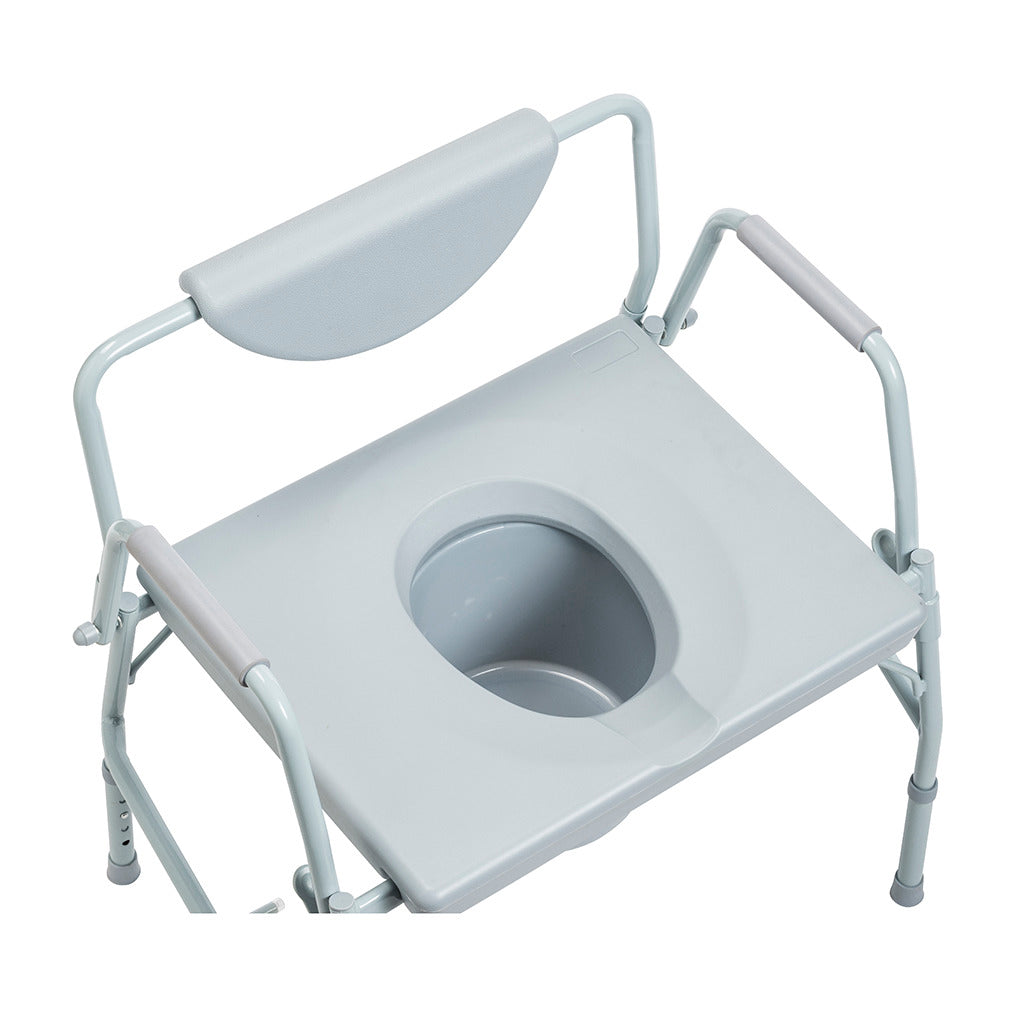 Bariatric drop-arm commode with gray steel frame, padded armrests, padded backrest, and open seat with collection bucket