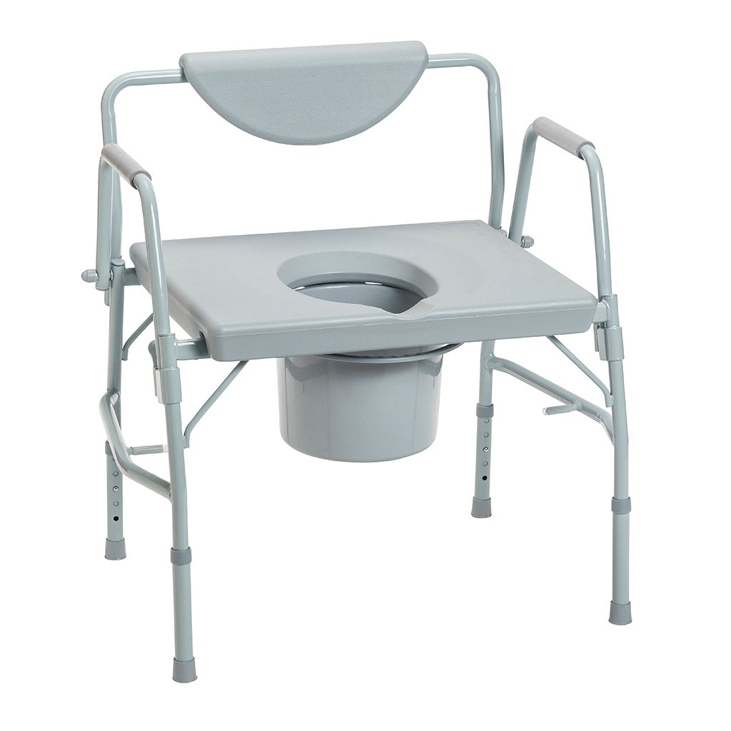 Bariatric drop-arm commode with gray steel frame, padded backrest, wide seat, drop-down armrests, and removable bucket