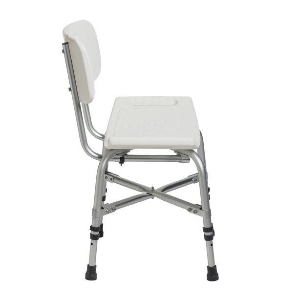 Bariatric shower chair with white plastic seat, backrest, cross-frame brace, and adjustable aluminum legs, side view