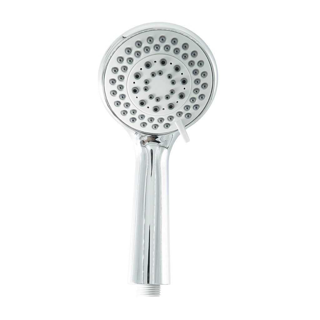 Handheld shower head with chrome finish, multi-spray face featuring rubber nozzles, and side flow control lever