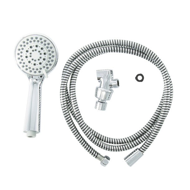 Handheld shower head spray massager kit with chrome head, flexible hose, diverter valve, and rubber washer on white