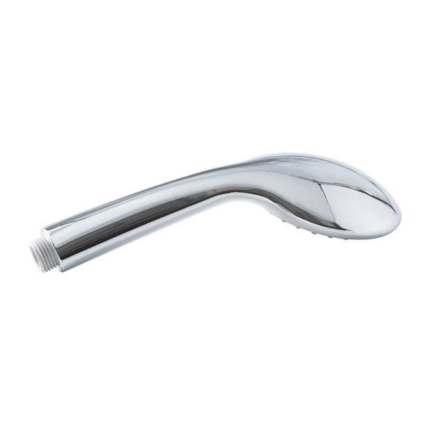 Handheld shower head spray massager with curved chrome body and threaded connector, shown on white background