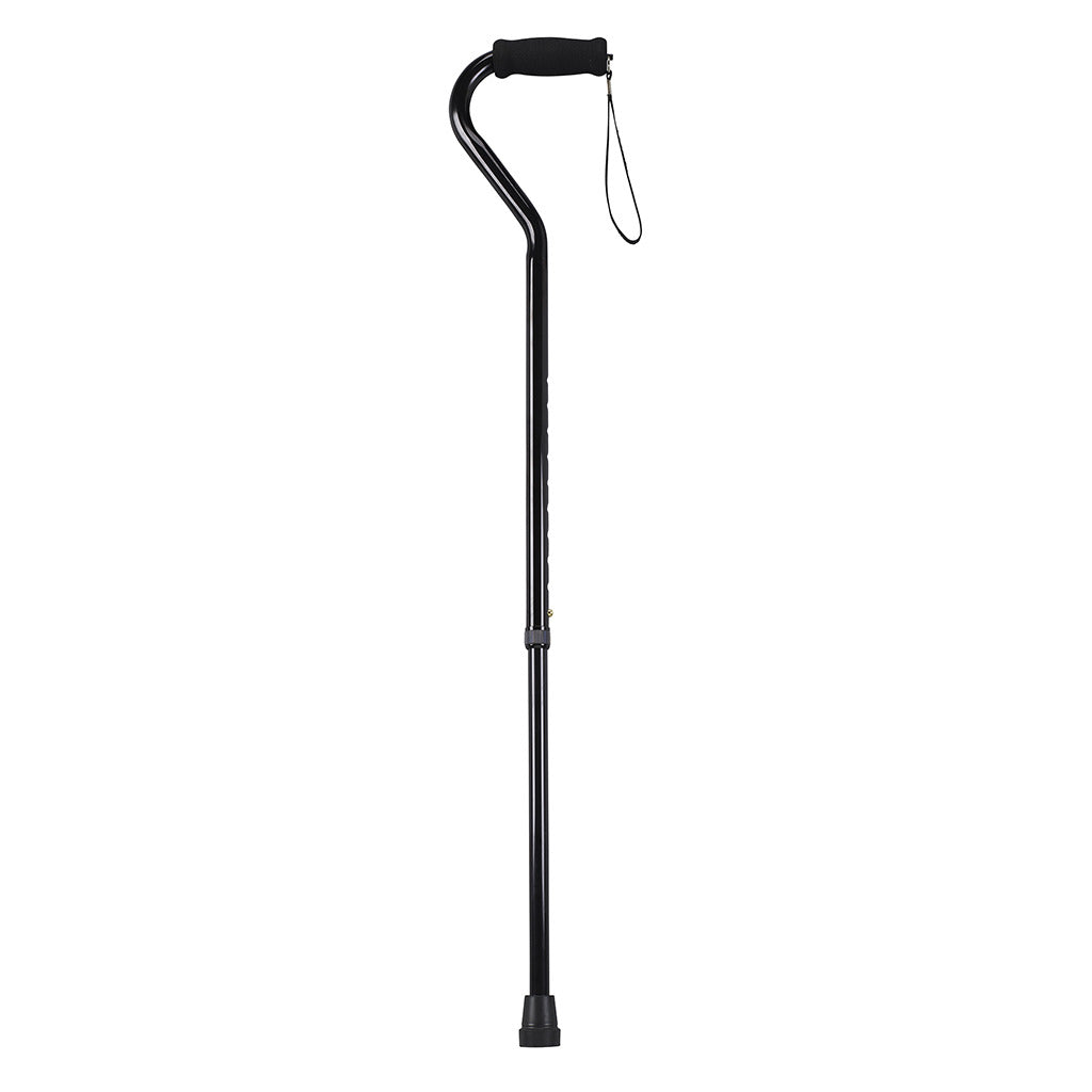 Offset handle walking cane in black with foam grip, wrist strap, adjustable shaft, and rubber tip