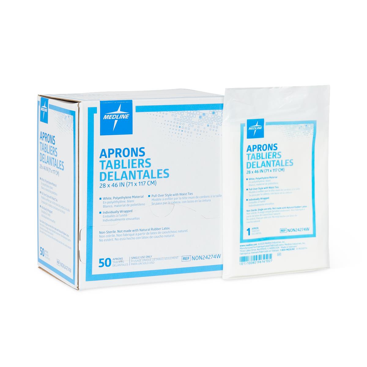 Disposable pullover aprons box of 50 with one individually wrapped apron packet displayed beside the white and blue