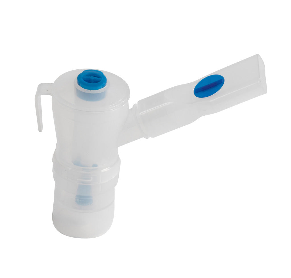 Nebulizer pediatric mask attachment in clear plastic with blue accents, featuring a mouthpiece and medication cup assembly