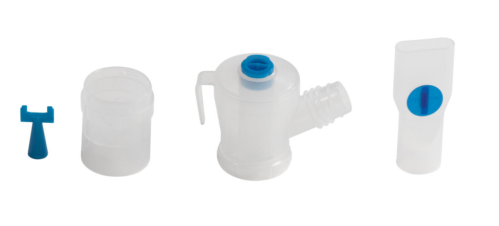 Nebulizer pediatric mask attachment kit with clear plastic cup, assembled chamber, mouthpiece, and blue T-connector shown