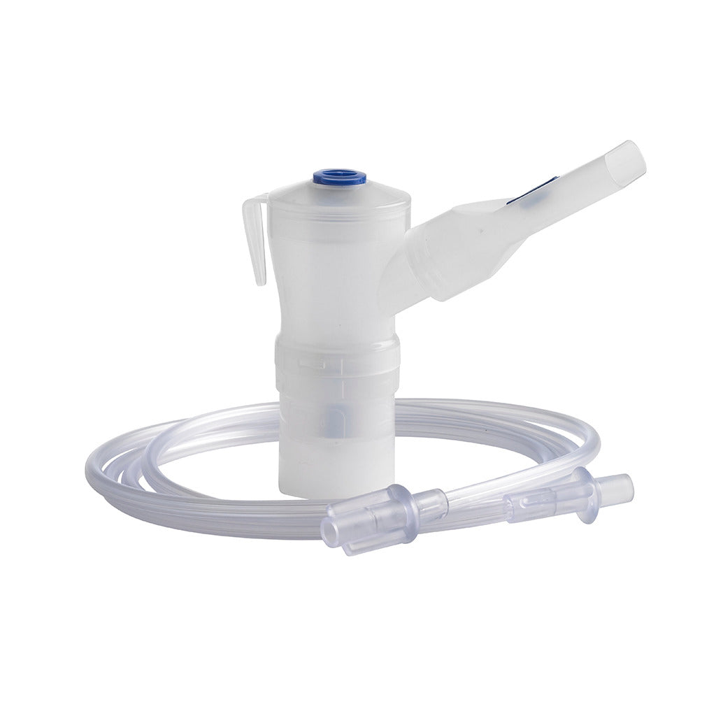 Nebulizer kit with medication cup, mouthpiece, and clear tubing on white background