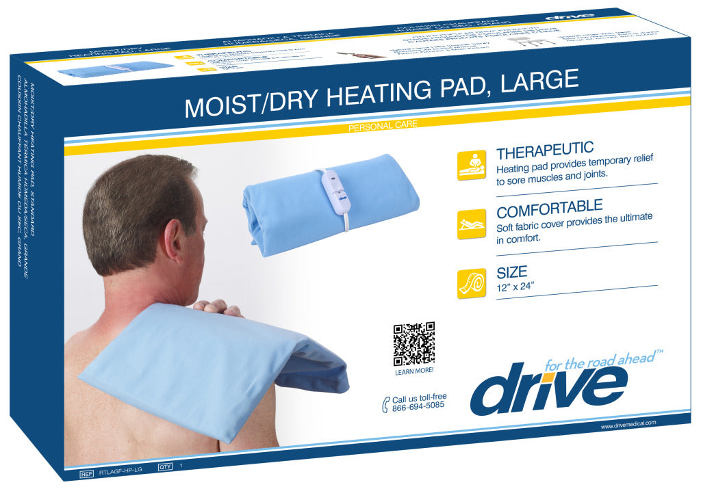 Drive Medical moist/dry heating pad large in retail box showing blue pad applied to a person's shoulder and neck area