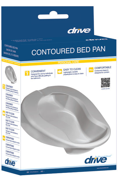Contoured bed pan in Drive brand retail packaging, showing gray plastic pan with molded shape, blue and white box design