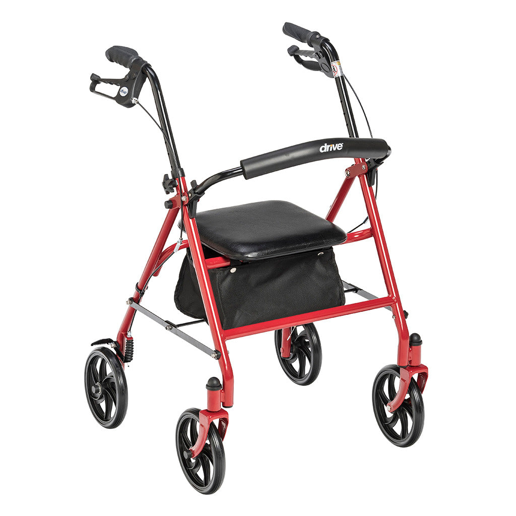 Four-wheel rollator with red frame, padded seat, backrest, hand brakes, under-seat bag, and large black casters