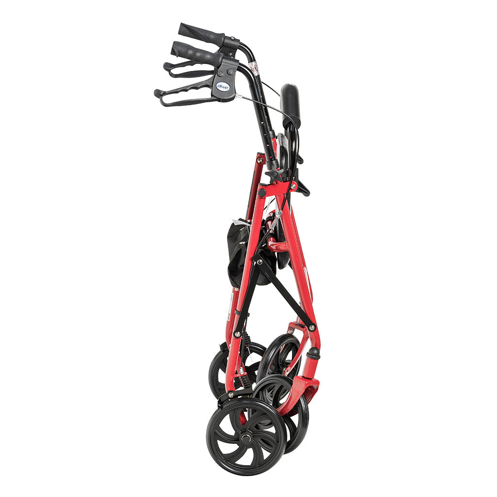 Four-wheel rollator folded flat, shown in side profile, red frame with black handgrips, brake levers, and spoke wheels