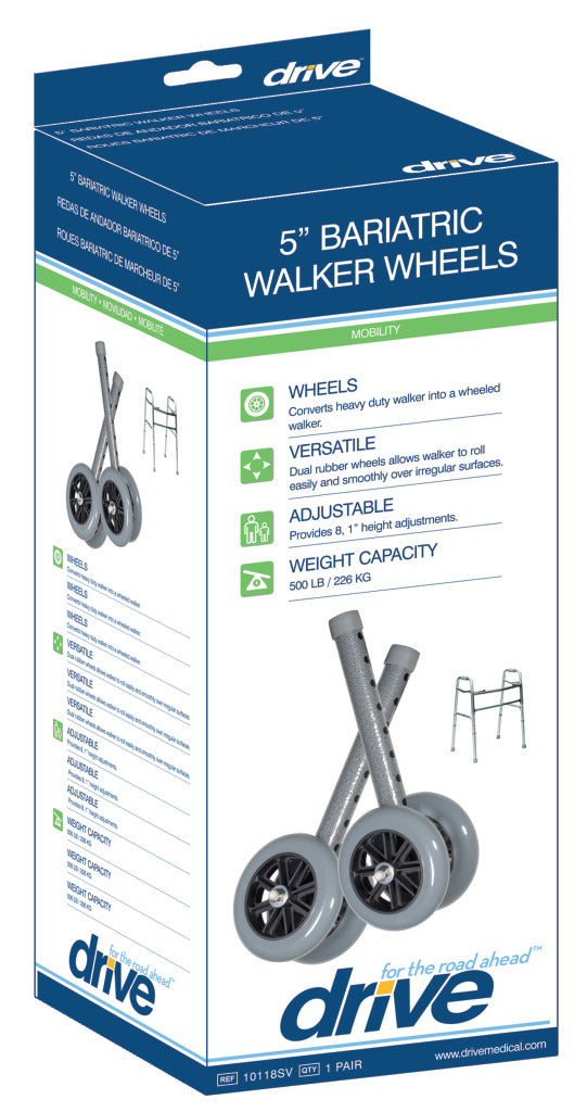 Drive Medical 5-inch bariatric walker wheels shown in retail box with product images and feature callouts, sold as one pair