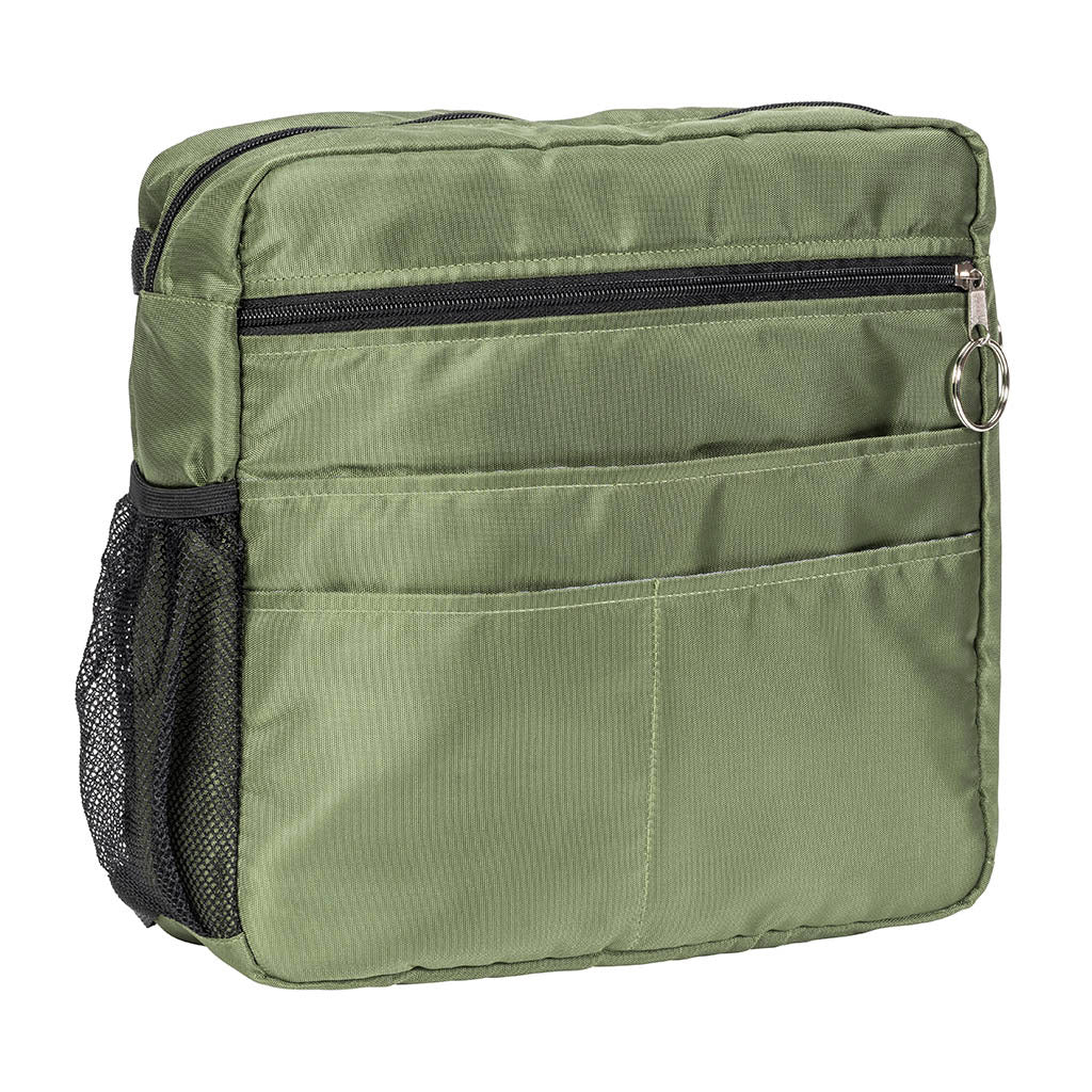 Walker tote bag in sage green nylon with front zipper pocket, open slot pockets, and black mesh side pocket