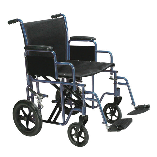Bariatric transport wheelchair with blue steel frame, black upholstery, swing-away footrests, and push handles
