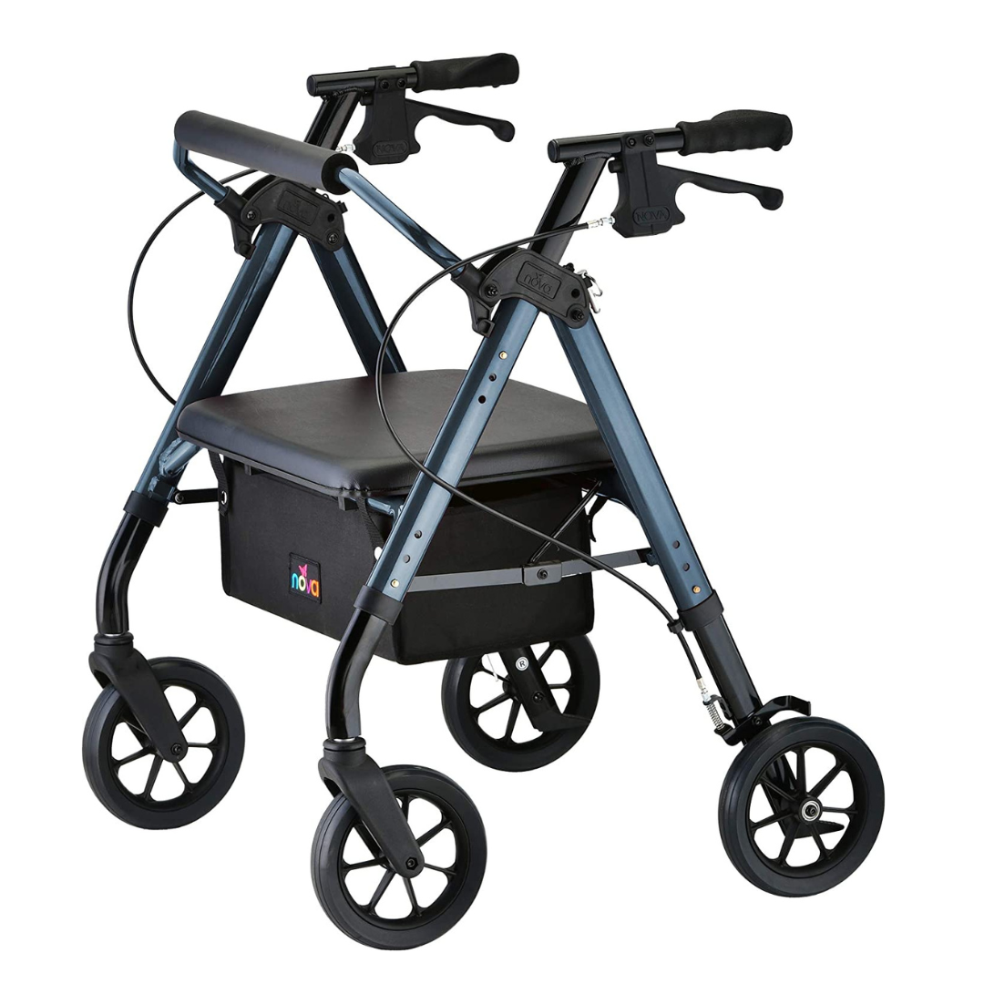 Rollator walker with blue frame, padded seat, underseat bag, loop hand brakes, and large black wheels on white background