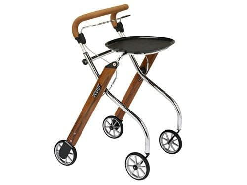 Indoor rollator with wood-grain frame, chrome legs, padded handle bar, and removable black tray, four wheels