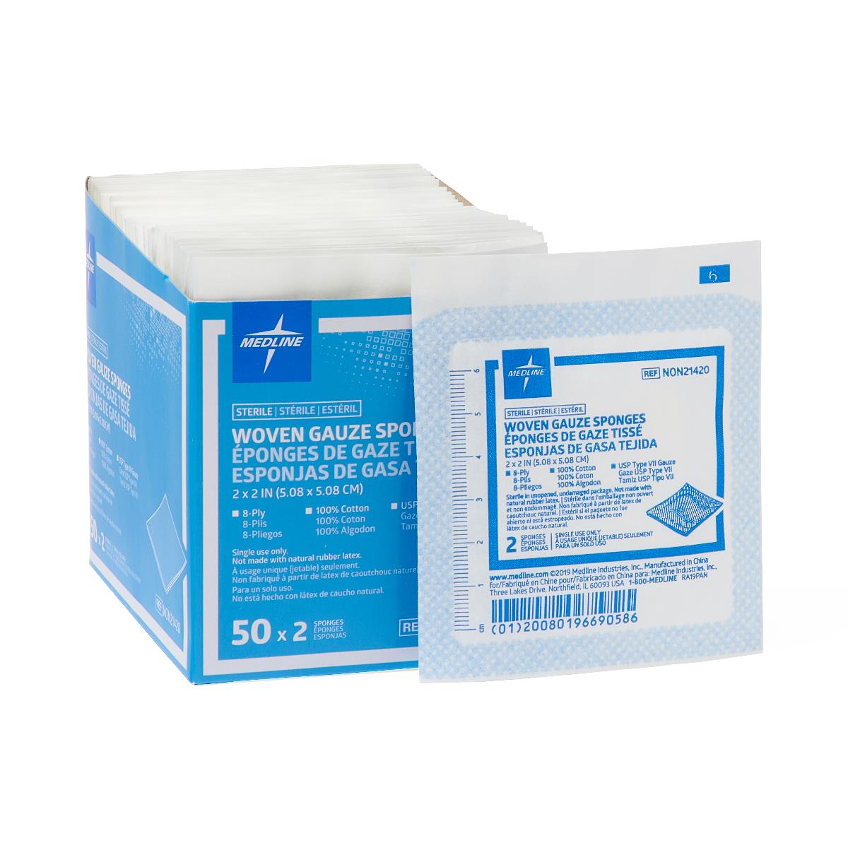 Sterile woven gauze sponges box opened showing individually packaged white cotton sponge packets stacked inside
