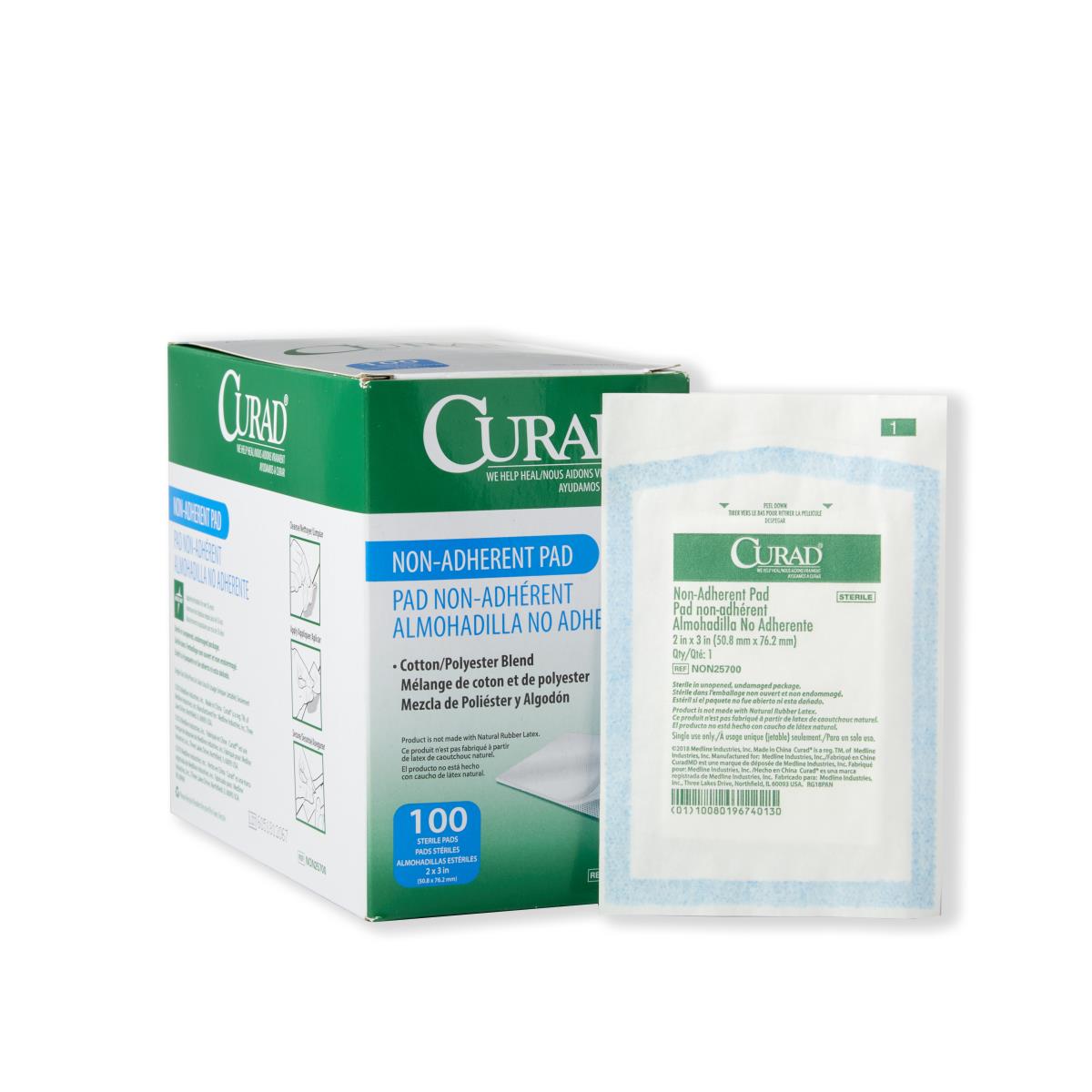 Curad non-adherent sterile pads green box of 100 with single individually wrapped pad shown beside it on white background