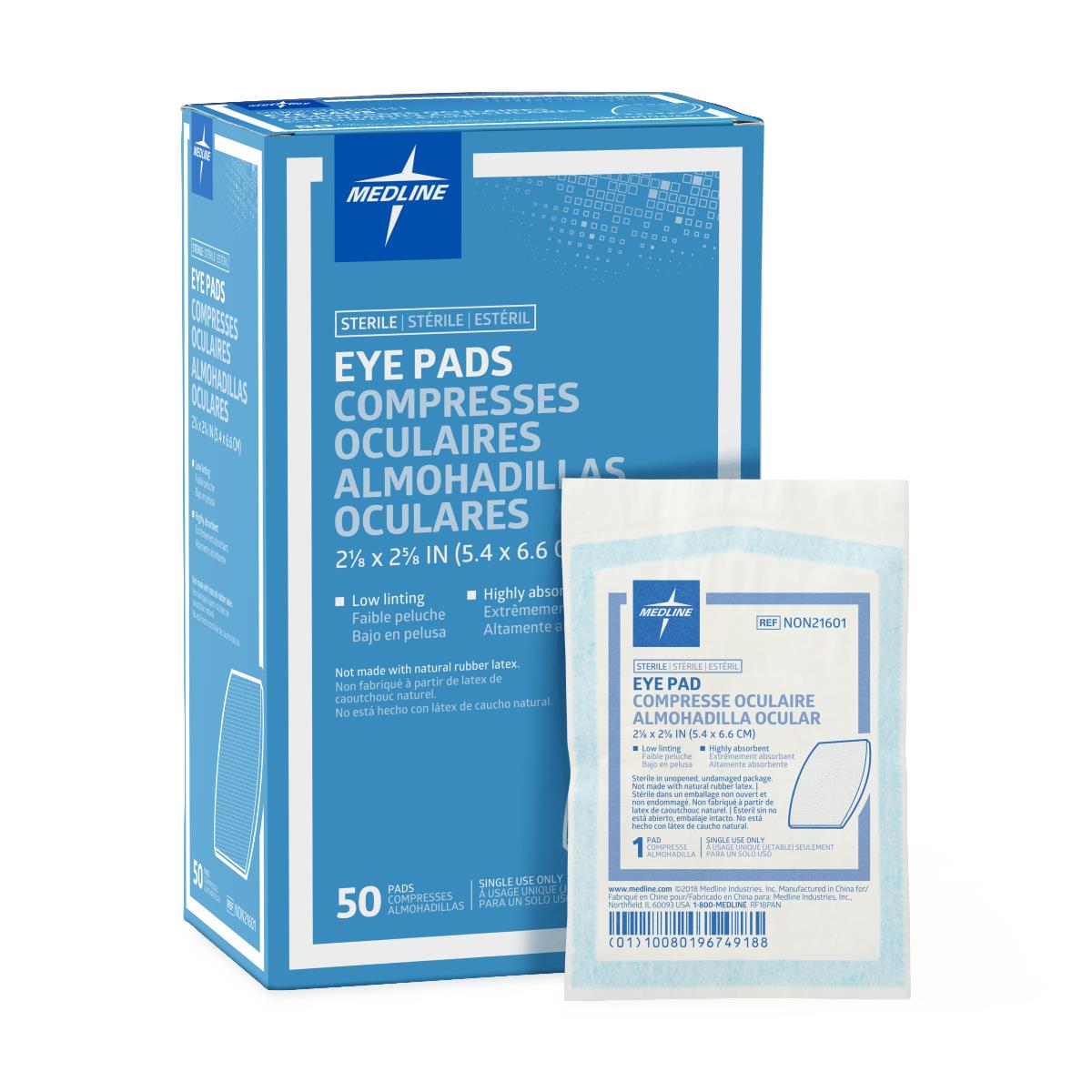 Sterile eye pads box of 50 by Medline with one individual sealed single-use packet displayed in front