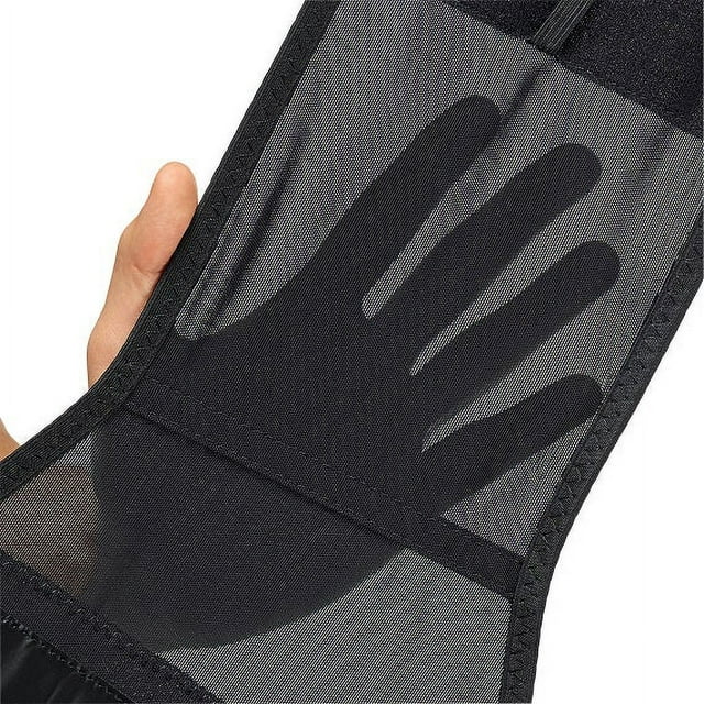 Back support with mesh fabric and silicone grip hand print, shown held open to display interior lining and hook-and-loop