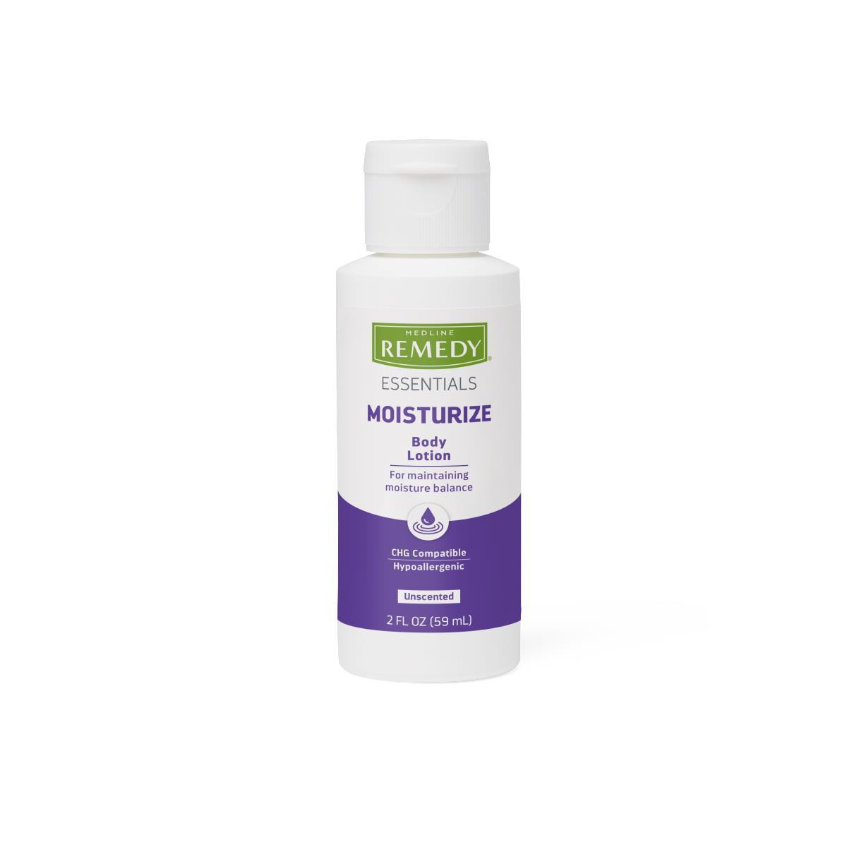 Body lotion in a small white bottle with purple label, unscented, 2 fl oz travel size