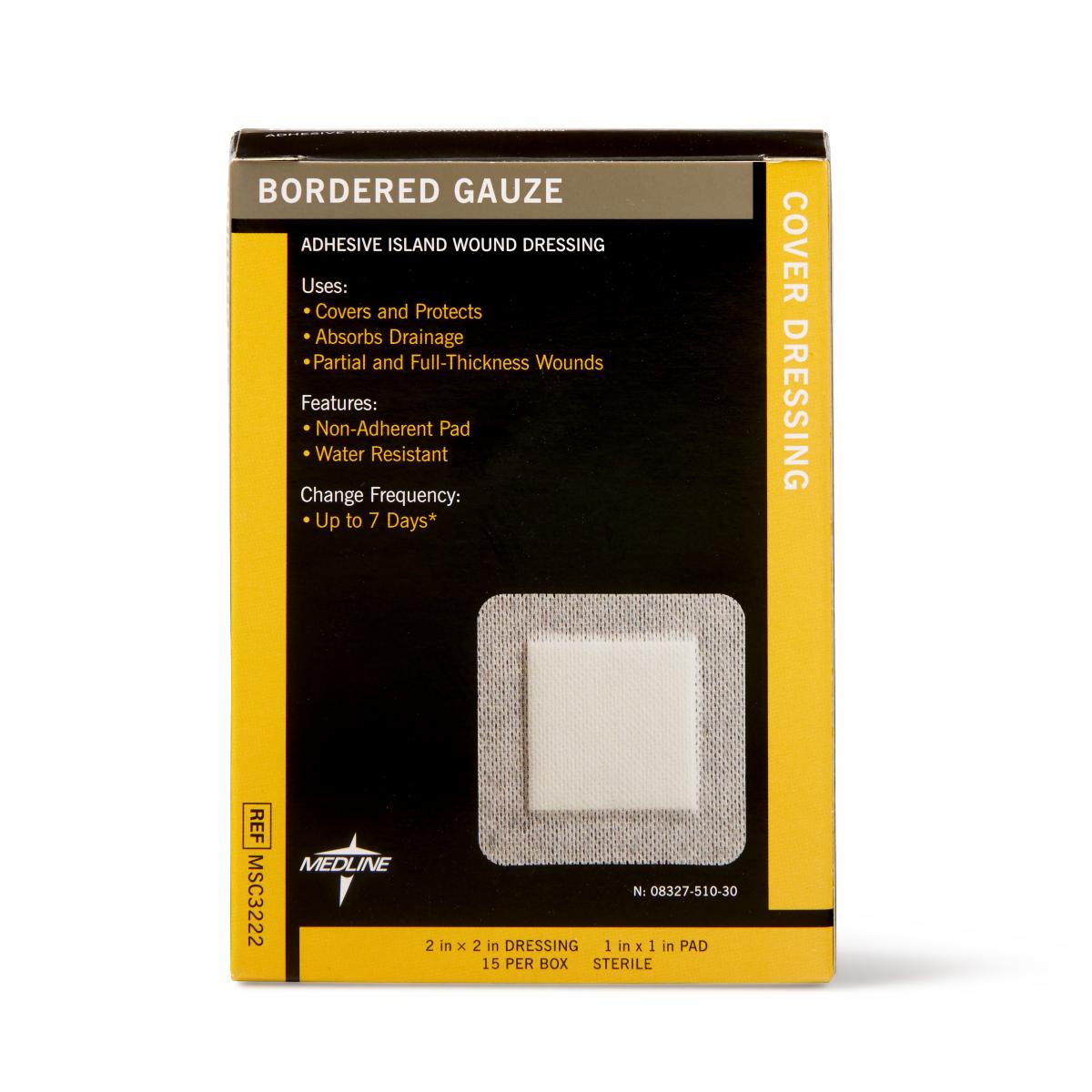 Bordered gauze adhesive island wound dressing box with black and yellow packaging showing a square dressing with