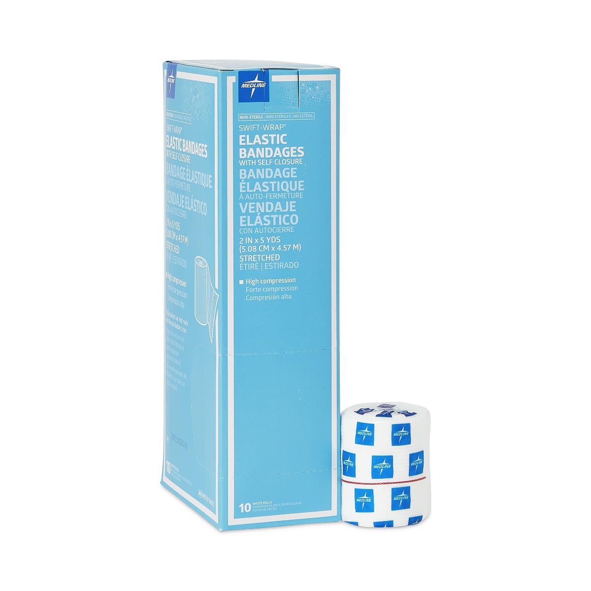 Elastic bandage rolls with self-closure beside a light blue box containing 10 rolls, shown in white with blue logo print
