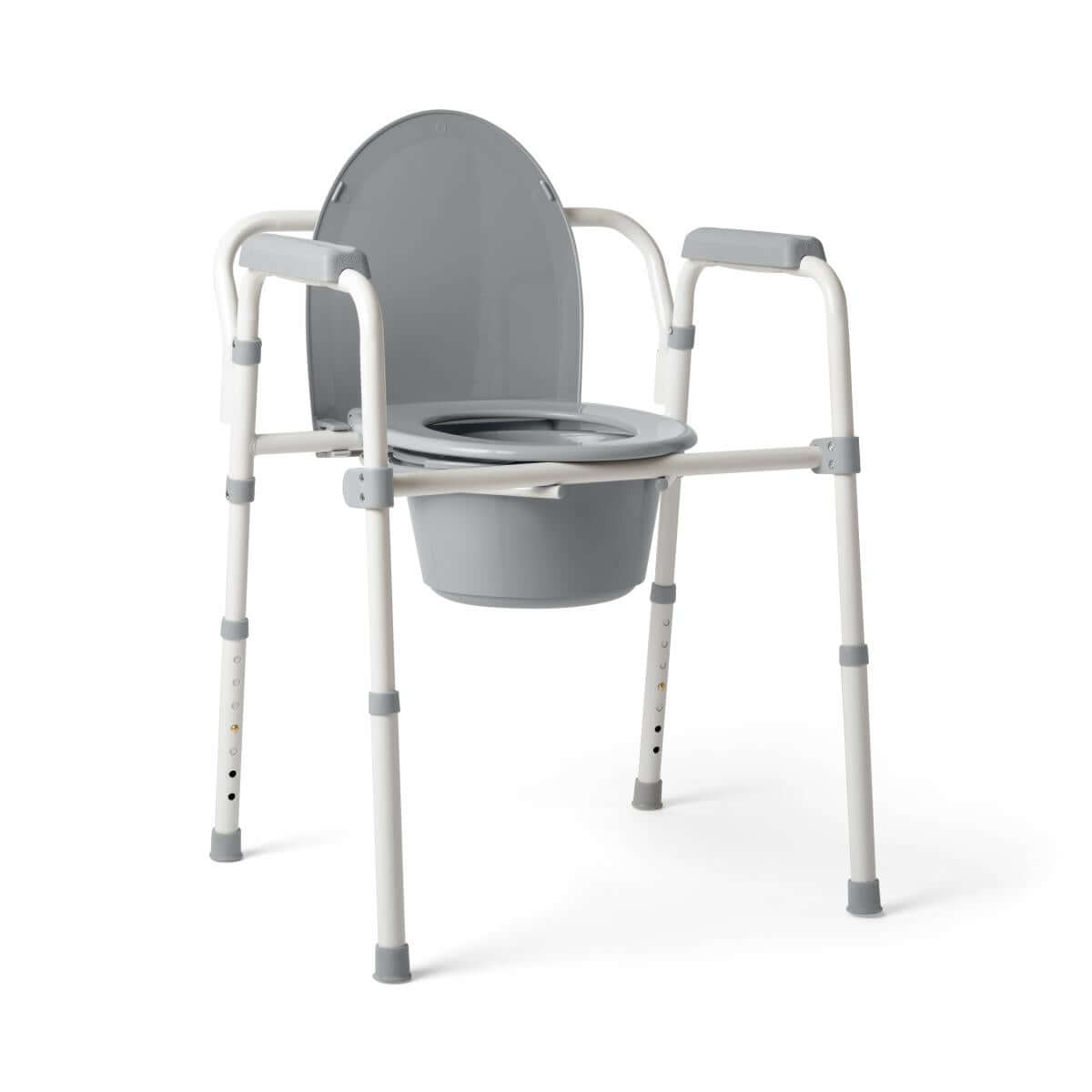 Folding steel 3-in-1 commode with gray plastic seat, backrest, collection bucket, and adjustable white steel legs with