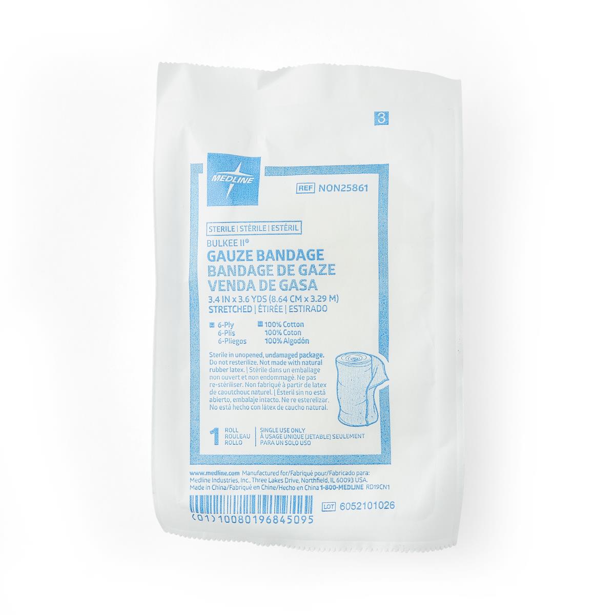 Sterile cotton gauze bandage roll in sealed white paper packaging with blue multilingual labeling
