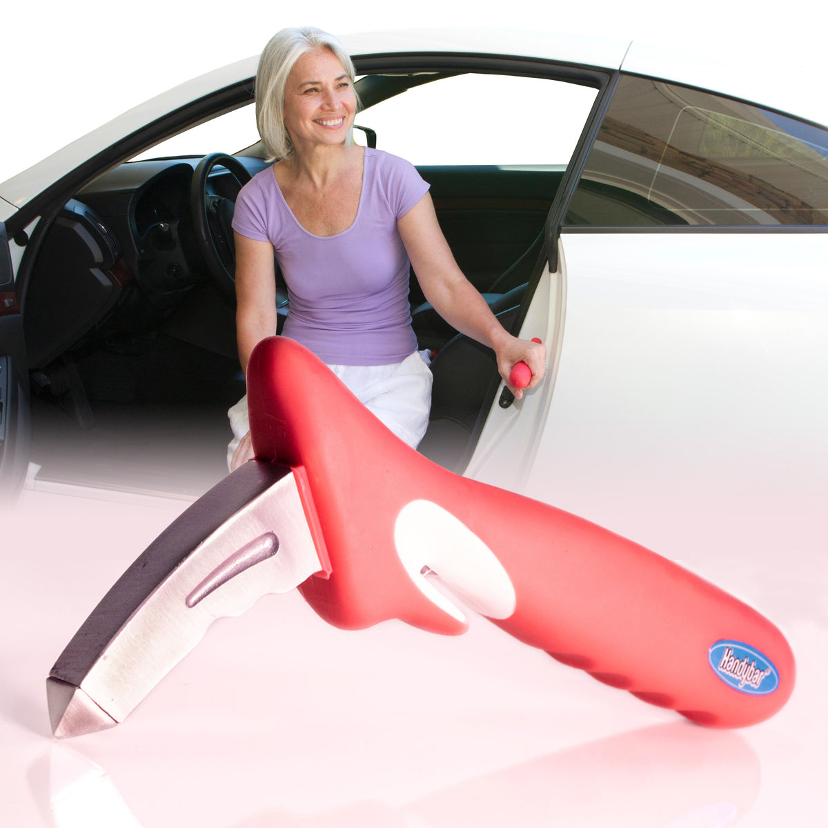 HandyBar car safety handle in red with metal base, shown with woman using it to exit a vehicle