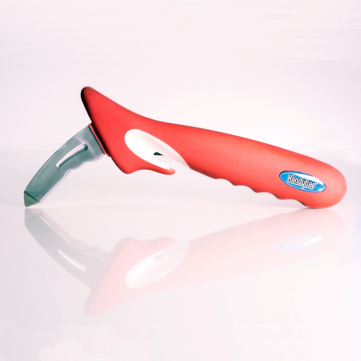 HandyBar portable car assist handle in red with ergonomic grip and metal door frame hook, shown on reflective white surface