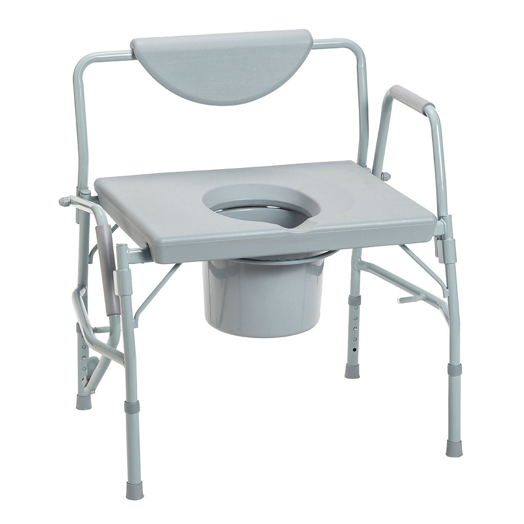 Bariatric drop-arm commode with padded backrest, wide seat, drop-down armrests, collection bucket, and adjustable gray steel