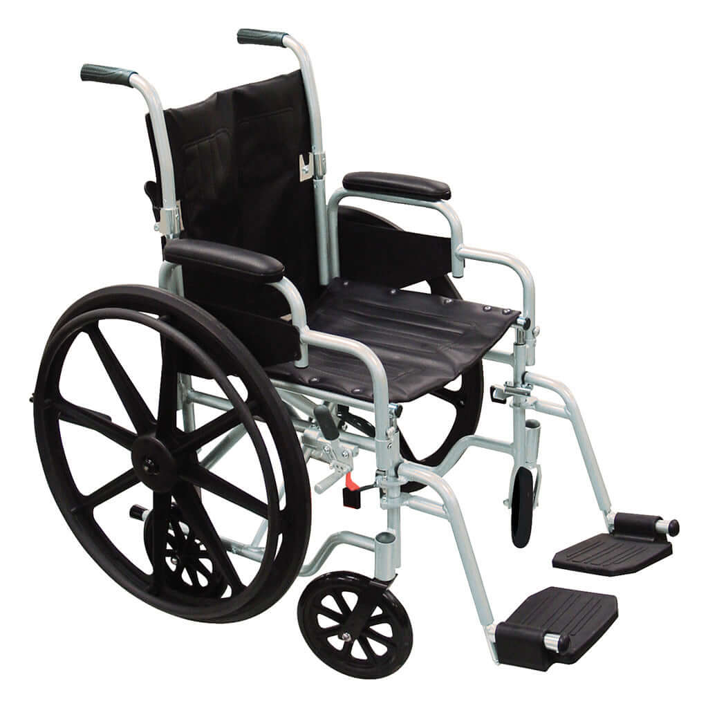 Lightweight transport wheelchair with silver frame, black upholstery, large rear wheels, and removable swing-away footrest