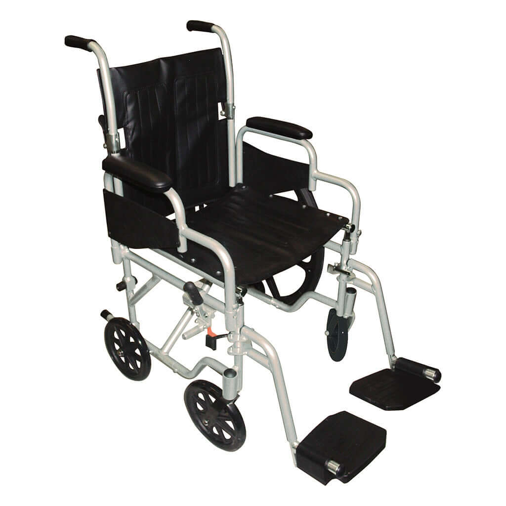 Transport chair wheelchair with silver frame, black vinyl seat and back, padded armrests, small rear wheels, and detached