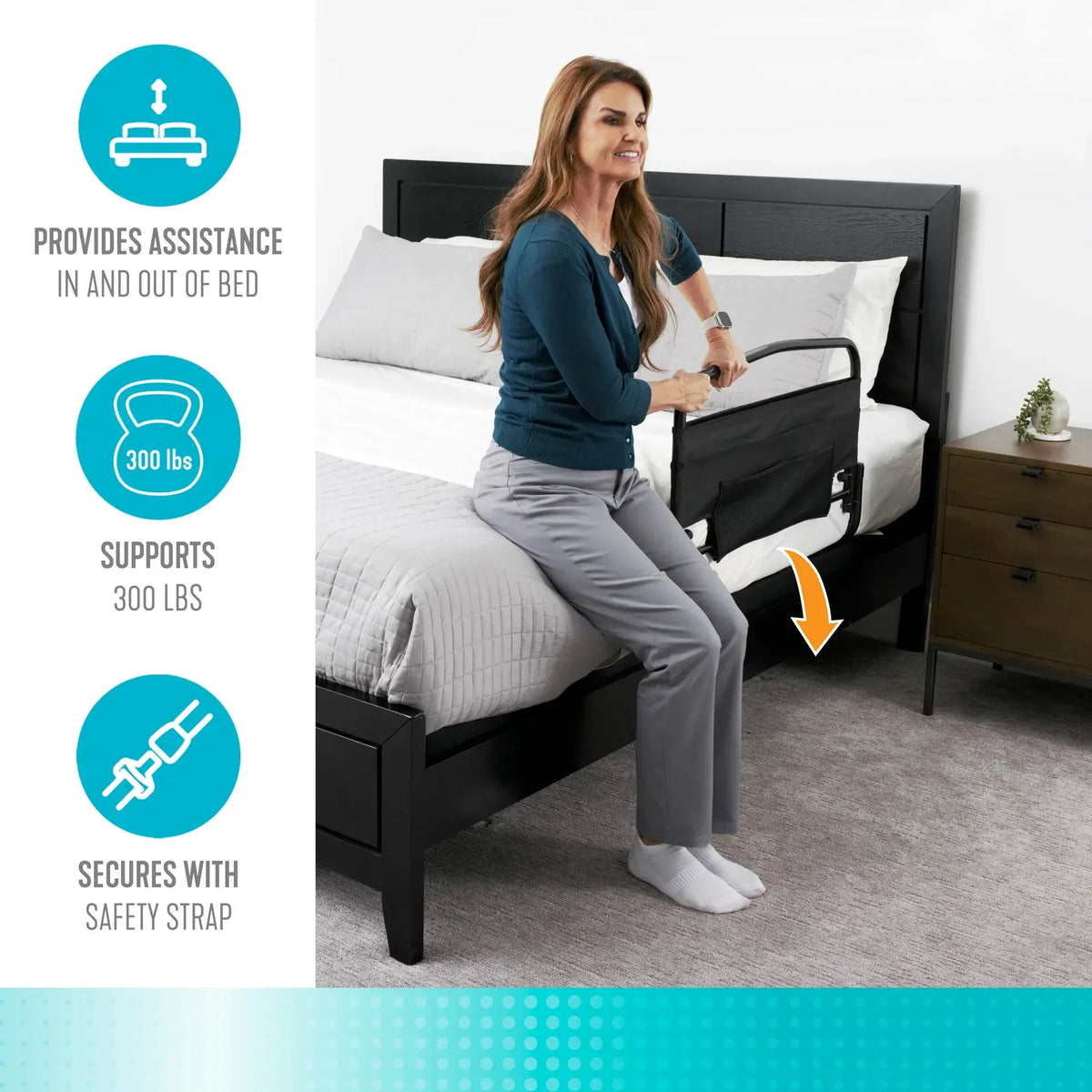 Bed rail with padded pouch attached to dark wood bed frame as woman uses handle to assist sitting up