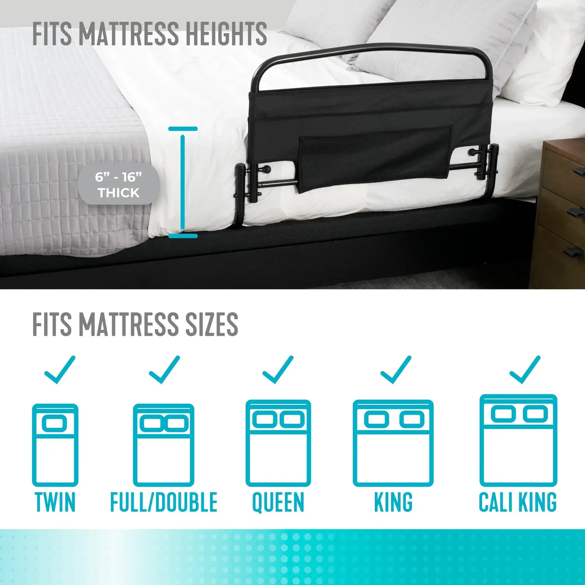 Bed rail with black padded pouch on a white mattress, with infographic showing compatibility with mattress heights and twin