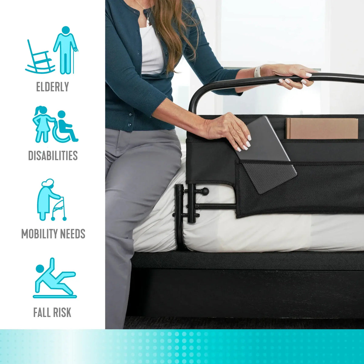 Bed rail with padded side pouch attached to mattress edge, woman gripping curved black metal handle while sitting on bed