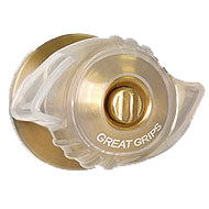 Doorknob cover with clear plastic grip aid over a gold round doorknob