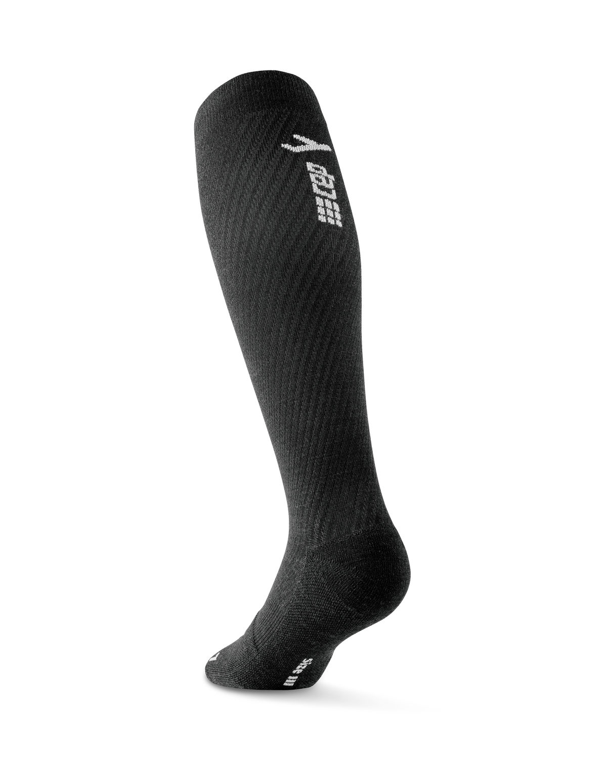 Compression knee-high sock in black with white logo branding, shown as a single sock on a white background