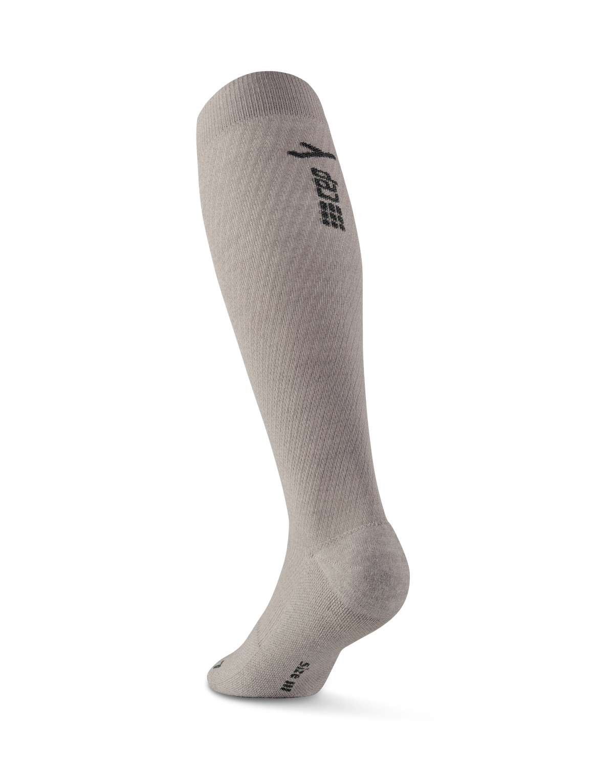 Knee-high compression flight sock in light gray with black logo detail, shown as a single sock on white background