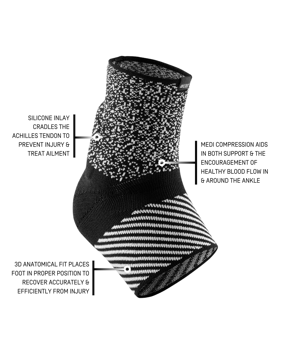 Ankle compression sleeve in black and white knit fabric with callout labels highlighting silicone inlay, compression zone