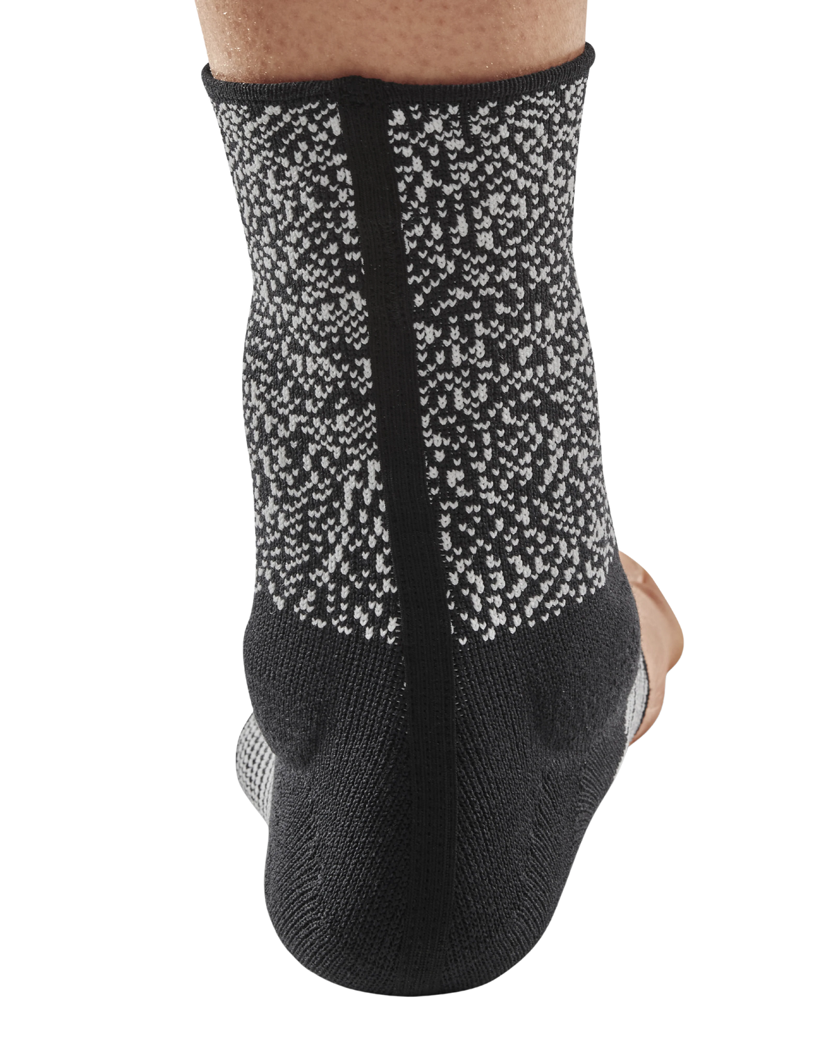 Max Support Ankle Sleeve in black and gray knit fabric shown on a foot from the rear view, covering the heel and ankle