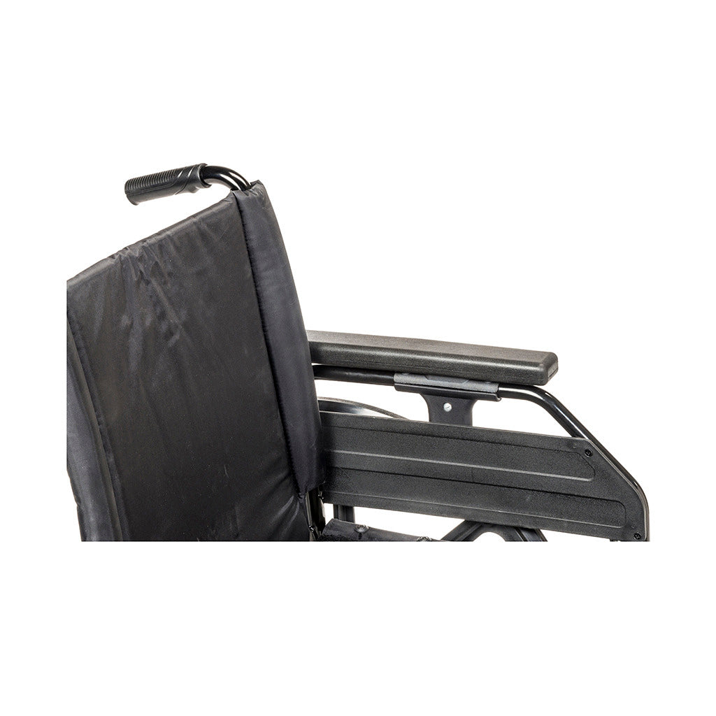 Wheelchair close-up showing padded black backrest, push handle, and full-length black armrest on dark metal frame