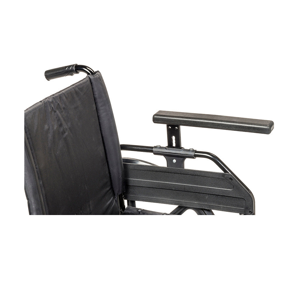 Wheelchair height-adjustable armrest with padded black upholstery, black metal frame, and push handle visible in background