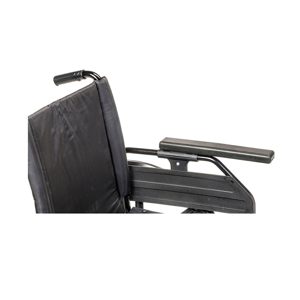 Wheelchair armrest and back upholstery close-up showing padded black armpad, slatted footrest panel, and push handle against