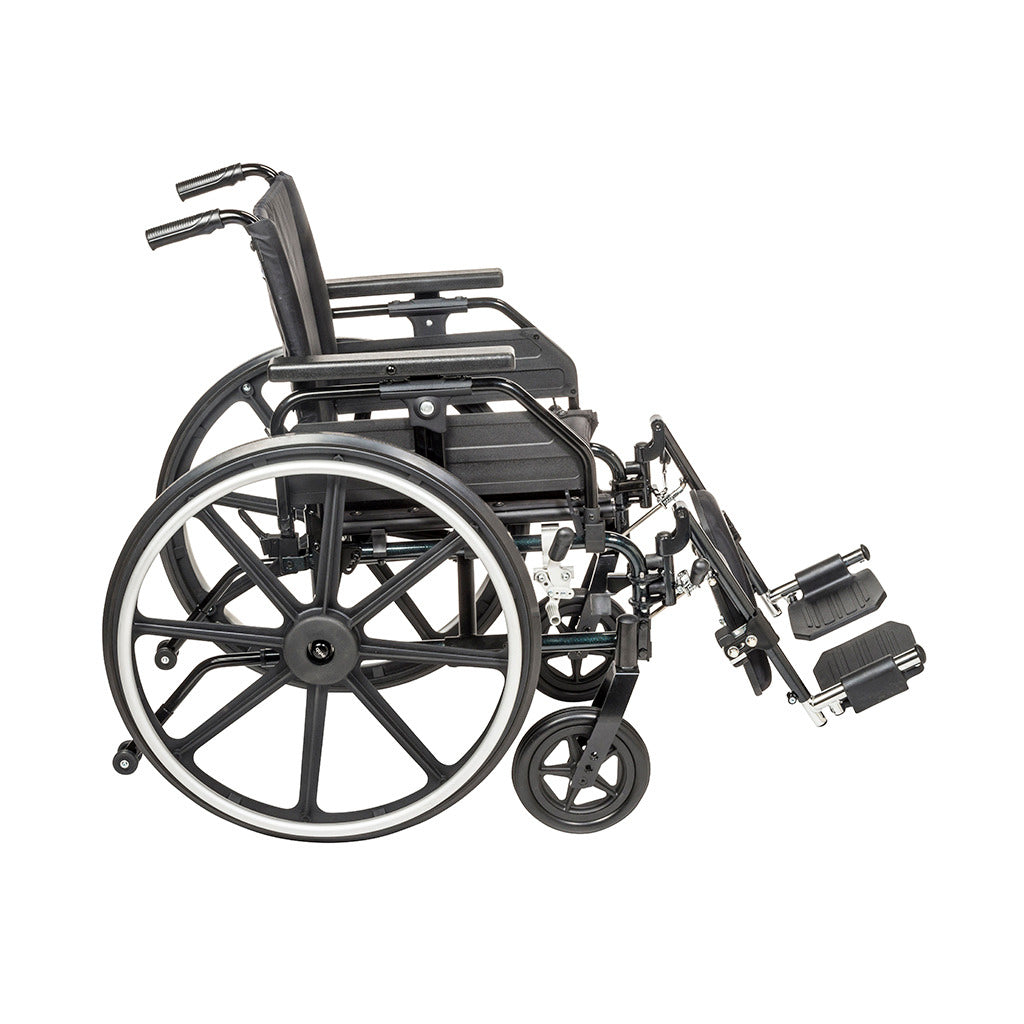 Wheelchair with flip-back universal armrests, swing-away footrests, and dark gray frame shown from the rear side angle